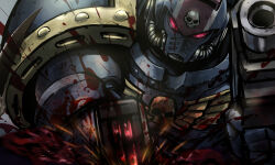  1boy adeptus_astartes armor blood blood_on_armor blood_splatter bolter commentary_request gun highres holding holding_bolter jazz_jack power_armor red_eyes skull solo straight-on ultramarines upper_body warhammer_40k weapon winged_skull 