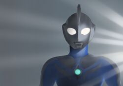  1boy alien blue_skin color_timer colored_skin commentary compound_eyes derivative_work dorsal_fin giant giant_male glowing glowing_eyes grey_background highres light_rays looking_at_viewer male_focus mizu_pones multicolored_skin no_pupils pectorals screenshot_redraw sidelighting silver_skin solo straight-on tokusatsu toned toned_male two-tone_skin ultra_series ultraman_cosmos ultraman_cosmos_(luna_mode) ultraman_cosmos_(series) upper_body white_eyes 