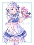  apron bat_wings blue_eyes blue_hair bow braid commentary dress frilled_dress frills gloves grey_hair hair_bow hat izayoi_sakuya maid_apron maid_headdress mini_person miy_001 mob_cap on_plate one_eye_closed open_mouth pink_eyes puffy_short_sleeves puffy_sleeves remilia_scarlet short_sleeves size_difference slit_pupils symbol-only_commentary thigh-highs touhou twin_braids white_gloves white_thighhighs wings 