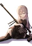  1girl absurdres arm_support black_dress black_thighhighs blush bolt_action cheytac_m200 collarbone dress girls_frontline grey_hair gun hair_between_eyes highres holding holding_weapon long_hair looking_at_viewer m200_(girls&#039;_frontline) m200_(war_correspondent)_(girls&#039;_frontline) rifle sitting sniper_rifle t_back17005 thigh-highs violet_eyes weapon white_background 