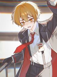  1boy absurdres arm_up black_coat black_gloves black_pants black_sleeves blonde_hair buhuaixiaoguai coat collared_shirt commentary crossed_bangs formal_clothes gloves hair_between_eyes highres layered_sleeves limbus_company long_sleeves looking_at_viewer male_focus name_tag necktie open_mouth pants project_moon railing red_coat red_necktie shirt sinclair_(project_moon) solo suit_pants suspender_pants tearing_up tears tsurime two-sided_coat two-sided_fabric undershirt upper_body white_shirt white_sleeves wing_collar yellow_eyes 