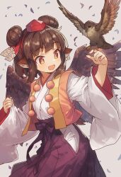  1girl :d animal_ears bird bird_on_hand black_hakama black_wings blush bright_pupils brown_bird brown_eyes brown_hair clothing_cutout commentary_request cowboy_shot double_bun feathered_wings hair_bun hakama hakama_skirt hat highres hip_vent japanese_clothes kimono long_sleeves open_clothes open_mouth open_vest orange_vest original red_hat short_hair sidelocks skirt smile solo tengu tokin_hat uzurakago_tsumuji vest white_kimono white_pupils wings yukinagi 