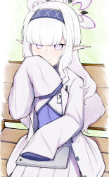  1girl absurdres black_halo blue_archive blue_hairband blue_shirt commentary cosplay covering_own_mouth cowboy_shot cropped_jacket elf english_commentary git_(git_giit) hairband halo highres himari_(blue_archive) id_card lab_coat long_hair looking_at_viewer millennium_science_school_student_b_(blue_archive) millennium_science_school_student_b_(blue_archive)_(cosplay) mole mole_under_eye multicolored_halo on_bench pleated_skirt pointy_ears purple_halo shirt sitting skirt sleeves_past_fingers sleeves_past_wrists solo tablet_pc two-tone_halo violet_eyes white_hair white_skirt 