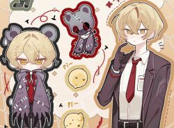  1boy animal_ears bear_ears black_coat blonde_hair coat collared_shirt commentary_request cowboy_shot e.g.o_(project_moon) hand_up hex_nail_(e.g.o) hurting_teddy_bear id_card index_finger_raised korean_commentary limbus_company multiple_views nagakiras2 nail_(hardware) necktie notched_ear project_moon red_necktie shirt sinclair_(project_moon) sparkle white_shirt yellow_eyes 