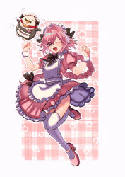  1boy absurdres apron astolfo_(fate) astolfo_(saber)_(fate) bird black_bow black_bowtie blush bow bowtie braid braided_ponytail chibi chibi_inset crossdressing crossdressing_(mtf) dress fang fate/grand_order fate_(series) frilled_dress frills full_body fur_wrist_cuffs garter_straps hair_bow hair_intakes heart_pin highres long_hair looking_at_viewer maid maid_apron maid_headdress male_focus male_maid mary_janes miniskirt multicolored_hair multiple_hair_bows open_mouth original penguin pillarboxed pink_background pink_dress pink_hair pink_shoes plaid_background puffy_short_sleeves puffy_sleeves shoes short_sleeves single_hair_streak skin_fang skirt solo streaked_hair thigh-highs togeko trap violet_eyes white_apron white_streaks white_thighhighs wrist_cuffs zettai_ryouiki 