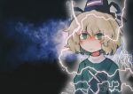  1girl absurdres black_headwear blonde_hair closed_mouth commentary dress english_commentary green_dress green_eyes hat highres iesonatana lightning long_sleeves looking_at_viewer low_tier_god medium_hair meme soga_no_tojiko solo tate_eboshi touhou upper_body you_should_kill_yourself_now_(meme) 