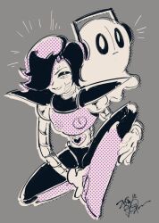  1boy 1other :| androgynous ben-day_dots boots closed_mouth commentary_request dated full_body ghost gloves grey_background hair_over_one_eye half-closed_eyes hand_on_own_leg headphones heart highres humanoid_robot ikapnmn2 looking_at_viewer mettaton mettaton_ex napstablook one_eye_covered parted_hair protected_link robot screentones short_hair shoulder_pads signature simple_background sitting smile translation_request triangle_mouth undertale utdr_(toby_fox) very_short_hair 