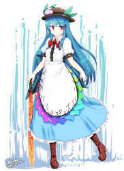  1girl 2018 apron aqua_background black_hair blue_background blue_hair blush bow closed_mouth commentary_request dated furim highres hinanawi_tenshi holding holding_sword holding_weapon long_hair looking_at_viewer peach_hat_ornament puffy_sleeves rainbow red_bow red_eyes smile sword three-toned_background touhou very_long_hair weapon white_apron white_background 