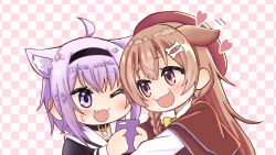  2girls :3 ahoge animal_collar animal_ears black_collar black_hairband bone_hair_ornament brown_capelet brown_eyes brown_hair capelet cat_ears cat_girl checkered_background collar commentary_request dog_ears dog_girl fang fangs hair_ornament hairband hat heart highres holding holding_phone hololive inugami_korone matsubara_tsuyoshi multiple_girls nekomata_okayu one_eye_closed phone purple_hair red_hat skin_fangs sweatdrop textless_version violet_eyes virtual_youtuber 
