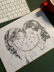  2girls absurdres character_request chinese_commentary commentary couple_of_mirrors food fruit greyscale highres holding holding_food holding_fruit monochrome multiple_girls noftb one_eye_closed photo_(medium) watermelon watermelon_slice 
