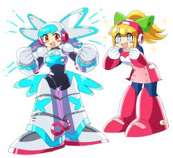  2girls absurdres android armor blonde_hair blue_eyes blue_hair commentary duplicate english_commentary helmet highres mega_man:_dual_override mega_man_(classic) mega_man_(series) multiple_girls ponytail red_armor red_eyes red_helmet retro_fighting_robot robot roll_(mega_man) twinkle_girl white_armor white_helmet 