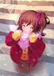  1girl absurdres blushblush brown_hair coat dark_skin duffel_coat floral_print from_above hair_ornament hair_scrunchie highres idolmaster idolmaster_million_live! kasuga_mirai looking_at_viewer looking_up one_side_up outdoors pink_scarf raby_vivid red_coat scarf scrunchie sleeves_past_wrists smile solo stairs yellow_car yellow_eyes 
