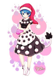  1girl 2018 blue_eyes blue_hair breasts commentary_request dated doremy_sweet furim hat highres medium_breasts medium_hair pink_background pink_hat pom_pom_(clothes) socks solo tail tapir_girl tapir_tail touhou white_background white_socks 