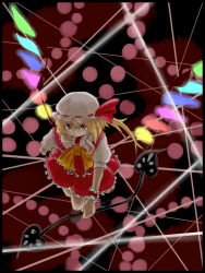  amputee blonde_hair bow commentary_request crystal_wings danmaku fangs flandre_scarlet glowing glowing_wings hand_in_mouth hat holding holding_weapon mob_cap red_eyes side_ponytail stylish_sake_cat touhou weapon wings yellow_bow 