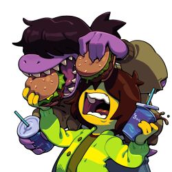  1girl 1other brown_hair colored_skin commentary covered_eyes cup deltarune discount-supervillain eating english_commentary feeding hair_over_eyes jacket kris_(deltarune) long_sleeves short_hair soda susie_(church_clothes)_(deltarune) susie_(deltarune) utdr_(toby_fox) yellow_skin 