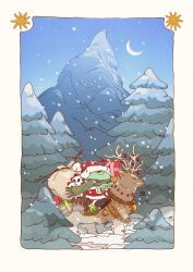  1boy absurdres albabg bag bell boots border christmas christmas_ornaments crescent_moon forest frog_boy gift grog_the_frog hat highres holding holding_reins moon mountain nature original outdoors pine_tree reindeer reins riding riding_animal saddle santa_costume santa_hat scarf skull sky smile snow snowing star_(symbol) sword toon_(style) tree weapon white_border winter 