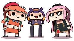  3girls absurdres aqua_hair beret black_dress blunt_bangs bracelet chef_hat commentary dress fang hat height_difference highres hololive hololive_english holomyth jewelry keenbiscuit long_hair mori_calliope mori_calliope_(1st_costume) multicolored_hair multiple_girls navel ninomae_ina'nis ninomae_ina'nis_(1st_costume) open_mouth orange_hair pink_hair platform_shoes pointy_ears purple_dress shoes skirt skirt_set smile streaked_hair sunglasses takanashi_kiara takanashi_kiara_(1st_costume) tentacle_hair virtual_youtuber 