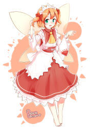  1girl 2018 ascot barefoot blush commentary_request dated dress fairy fairy_wings furim green_eyes highres multicolored_dress open_mouth orange_background red_dress sunny_milk touhou two-tone_background white_background white_dress white_headdress wings yellow_ascot 