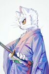  animal animal_focus bing_li blurry cat clothed_animal colored_sclera da_li_si_rizhi depth_of_field eyeliner fighting_stance from_side grey_eyes hand_up highres japanese_clothes katana kimono long_sleeves looking_ahead makeup profile purple_kimono ready_to_draw sash simple_background solo songyeerhu sword upper_body weapon white_background yellow_sclera 