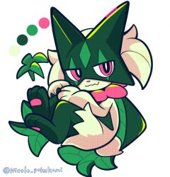 1other cape chibi commentary_request furry green_fur mask meowscarada nikoru other_focus pink_eyes pokemon pokemon_(creature) pokemon_focus simple_background smile solo twitter_username white_background 