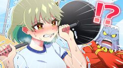  !? 1boy 1girl aqua_hair artist_request barbell blush clenched_teeth colored_inner_hair commentary_request creature crossed_arms dragon_musume_ni_naritakunai! duel_masters exercising green_hair gym_uniform hair_ornament highres multicolored_hair nagareboshi_asche official_art open_mouth shirt short_hair short_sleeves sweat sweatdrop teeth translation_request trembling two-tone_hair upper_body weightlifting white_shirt yellow_eyes 