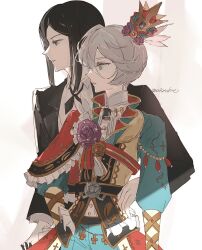  1boy 1girl andou_rei black_eyes black_hair black_jacket black_ribbon blue_jacket capelet collared_shirt commentary_request crown dress_shirt frilled_capelet frills gloves gold_crown green_eyes grey_hair highres jacket jewelry mini_crown neck_ribbon necklace parted_lips poteto_(mochimochinc) pretty_series pripara red_capelet reverse_trap ribbon shikyoin_hibiki shirt short_hair side_capelet tilted_headwear white_gloves white_shirt 