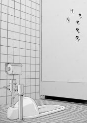  bathroom commentary_request door greyscale have_to_pee heavy_breathing indoors metaring monochrome no_humans original speech_bubble squat_toilet tile_wall tiles toilet_paper toilet_stall translation_request 