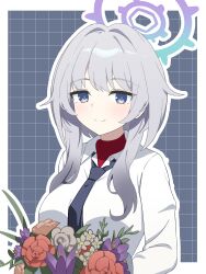  1girl absurdres anna_(blue_archive) black_necktie blue_archive blue_background blue_eyes blue_halo border bouquet breasts commentary_request dress_shirt gradient_halo grey_hair grid_background halo highres holding holding_bouquet korean_commentary large_breasts light_smile long_sidelocks loose_necktie multicolored_halo necktie open_collar outline outside_border purple_halo red_shirt shirt short_hair sidelocks solo sprout_(haji_s) two-tone_halo undershirt upper_body white_border white_outline 