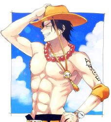  1boy abs arm_tattoo black_hair clouds commentary_request elbow_pads freckles hand_on_own_hip hat highres jewelry log_pose looking_ahead male_focus necklace nipples nrrn03 one_piece orange_hat pearl_necklace pectorals portgas_d._ace short_hair single_elbow_pad smile solo tattoo topless_male upper_body 