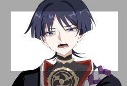  1boy anime_coloring bags_under_eyes bishounen black_hair black_kimono blunt_ends commentary_request covered_collarbone eyeliner frown genshin_impact gold hair_intakes highres japanese_clothes jewelry juban kimono looking_at_viewer makeup male_focus mandarin_collar mitsudomoe_(shape) neck_ring open_mouth portrait purple_pupils purple_rope red_eyeliner red_kimono retujyo4go ringed_eyes rope scaramouche_(genshin_impact) scaramouche_(harbinger)_(genshin_impact) shimenawa solo straight-on teeth tomoe_(symbol) tongue tsurime variant_set violet_eyes white_kimono white_rope wispy_bangs 