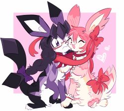  2girls :3 :d akemi_homura animal animal_nose animal_with_hair animalization black_fur black_hair blush border bow braid closed_eyes commentary diamond_(shape) english_commentary gem glaceon glasses hair_bow heart highres izzypaw kaname_madoka kaname_madoka_(magical_girl) long_hair looking_at_another mahou_shoujo_madoka_magica mahou_shoujo_madoka_magica_(anime) multiple_girls no_humans paw_up pink_background pink_fur pink_gem pink_hair pokemon pokemon_(creature) pokemon_focus purple_bow purple_fur red-framed_eyewear red_ribbon ribbon semi-rimless_eyewear simple_background smile sylveon twin_braids two-tone_fur under-rim_eyewear violet_eyes white_border white_fur yuri 