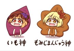 2girls aki_minoriko aki_shizuha blonde_hair blush_stickers chibi chibi_only commentary_request food food_costume fruit_hat_ornament full_body grape_hat_ornament hair_ornament hat highres leaf leaf_hair_ornament maple_leaf mob_cap multiple_girls open_mouth red_eyes red_hat shitacemayo siblings simple_background sisters smile sweet_potato touhou translation_request white_background yellow_eyes 