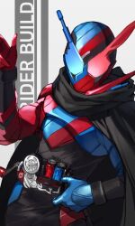 1boy armor axokim belt black_bodysuit blue_armor blue_eyes bodysuit build_driver compound_eyes fullbottle gloves helmet heterochromia highres kamen_rider kamen_rider_build kamen_rider_build_(rabbittank_form) kamen_rider_build_(series) looking_at_viewer male_focus rabbit_fullbottle red_armor red_eyes rider_belt solo tank_fullbottle tokusatsu white_background