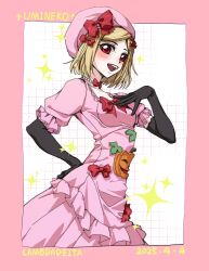  1girl absurdres black_gloves blonde_hair blush border bow breasts character_name copyright_name dated dress dress_bow elbow_gloves flat_cap four-pointed_star frilled_dress frilled_sleeves frills gloves grid_background grin hair_bow hand_on_own_chest hand_on_own_hip hat highres jack-o'-lantern juliet_sleeves lambdadelta long_sleeves multiple_hair_bows open_mouth outside_border pink_border pink_dress pink_hat puffy_sleeves red_bow red_eyes small_breasts smile sparkle teeth umineko_no_naku_koro_ni upper_teeth_only urinxychjzzwlof 