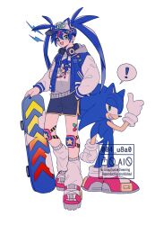  ! 04_u8a0 1boy 1girl animal_nose aqua_eyes baseball_cap blue_fur blue_hair blue_nails blush chaos_emerald clenched_hand crossover full_body furry furry_male gloves gold_ring hand_in_pocket hat hat_with_ears hatsune_miku headphones hedgehog_boy height_difference highres knee_guards leg_warmers lightning_bolt_symbol long_hair looking_back multicolored_hair nail_polish pin project_onsoku red_shoes red_streaks shoes simple_background skateboard smile sonic_(series) sonic_the_hedgehog sparkling_eyes spoken_exclamation_mark streaked_hair sweater teeth thumbs_up triangle_mouth twintails twitter_username vocaloid watermark white_background white_gloves white_leg_warmers white_sweater 