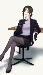  1girl absurdres alice_(dkfl_tm09too) black_gloves black_hair black_pantyhose black_skirt chair collared_shirt dress_shirt formal_clothes gloves highres jacket long_hair long_sleeves looking_at_viewer loose_necktie necktie nijisanji office_chair office_lady orange_eyes pantyhose pencil_skirt shirayuki_tomoe shirayuki_tomoe_(suit) shirt shirt_tucked_in skirt skirt_suit smile solo suit swivel_chair virtual_youtuber 
