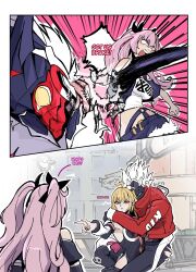 1boy billy_kid cissia_(zenless_zone_zero) hitting long_hair multiple_girls nicole_demara zenless_zone_zero