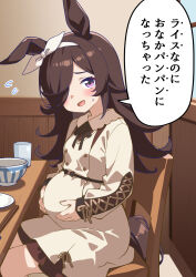  172cm 1girl :d animal_ears blush bow_hairband bowl brown_dress brown_hair brown_ribbon buttons casual chair chopsticks collared_dress commentary_request cup double-breasted dress drinking_glass flipped_hair flying_sweatdrops full_stomach hair_over_one_eye hairband hands_on_own_stomach highres horse_ears horse_girl horse_tail indoors long_hair long_sleeves looking_at_viewer official_alternate_costume open_mouth plate pun ribbon rice_bowl rice_shower_(casual)_(umamusume) rice_shower_(umamusume) sitting smile solo speech_bubble table tail translation_request umamusume violet_eyes white_hairband window wooden_chair wooden_table 