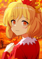  1girl aki_shizuha autumn autumn_leaves blonde_hair blush closed_mouth collared_shirt commentary_request hair_ornament highres holding holding_leaf leaf leaf_hair_ornament long_sleeves looking_at_viewer maple_leaf medium_hair mist9801km outdoors portrait shirt smile solo touhou tree 