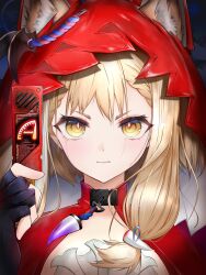  1girl absurdres animal_ear_fluff animal_ears arknights arknights:_endfield black_gloves blonde_hair braid bright_pupils closed_mouth commentary_request determined diamond-shaped_pupils diamond_(shape) fingerless_gloves gloves hand_up highres holding hood hood_up kagekage0722 light_blush looking_at_viewer medium_hair portrait red_hood rossi_(arknights) solo symbol-shaped_pupils two-sided_fabric two-sided_headwear two-sided_hood white_pupils yellow_eyes 