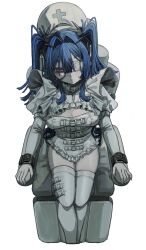  1girl bandaid blue_hair bodice bow chair cleavage_cutout clothing_cutout collar commentary_request cross eyepatch frills hair_intakes hat highres hikimayu jewelry juliet_sleeves long_hair long_sleeves medical_eyepatch nurse_cap original puffy_sleeves red_eyes restrained saku050524 simple_background sitting solo stationary_restraints thigh-highs twintails very_long_hair white_background white_thighhighs zettai_ryouiki 