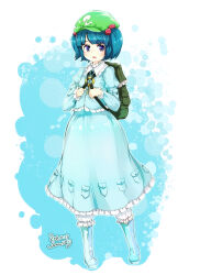  1girl 2018 bag blue_background blue_dress blue_eyes blue_hair blush dated dress frilled_dress frills furim green_bag green_hat hat highres kawashiro_nitori medium_hair open_mouth puffy_sleeves solo touhou two-tone_background white_background 