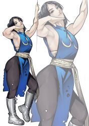  1girl absurdres bare_arms blue_dress breasts brown_eyes brown_hair brown_pantyhose chiaroscuro4eva chinese_clothes chun-li double_bun dress hair_bun highres pantyhose pelvic_curtain qipao short_hair solo street_fighter street_fighter_(2026_movie) thick_thighs thighs torn_clothes torn_dress torn_pantyhose 