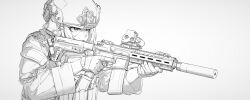  1girl absurdres aem01 aiming ar-15 assault_rifle bulletproof_vest combat_helmet ear_protection gloves greyscale gun helmet highres holding holding_gun holding_weapon jacket load-bearing_vest military_jacket military_uniform monochrome original rifle simple_background sketch solo suppressor trigger_discipline weapon white_background 