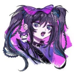  1girl absurdres ado_(utaite) black_choker black_hair blue_hair braid chando_(ado) choker commentary drawn_fangs ear_piercing highres kuromi long_hair mole mole_under_eye nail_polish open_mouth phossscinnn piercing portrait sanrio side_braids simple_background solo spiked_choker spikes untranslatable_commentary utaite white_background 