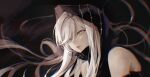  1girl black_hoodie chromatic_aberration gradient_background hair_between_eyes hood hoodie long_hair looking_ahead moaomao_mo nose_piercing nox_(path_to_nowhere) parted_lips path_to_nowhere piercing sidelocks simple_background solo upper_body white_eyes white_hair 
