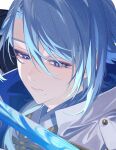  1boy blue_eyes blue_hair blue_theme closed_mouth eyelashes genshin_impact hair_over_one_eye hair_over_shoulder japanese_clothes kamisato_ayato light_blue_hair long_hair looking_ahead male_focus mole mole_under_mouth portrait simple_background solo sword weapon white_background yamada_chickenko 