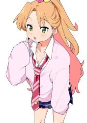  1girl blonde_hair bluearcadegames blush earrings gyaru heart heart_earrings highres jewelry long_hair looking_at_viewer necktie ruri_no_houseki school_uniform skirt tanigawa_ruri white_background 