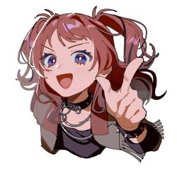  1girl blue_eyes blush bracelet choker gakuen_idolmaster hanami_saki highres idolmaster index_finger_raised jacket jewelry kutako_(kutako138) long_hair looking_at_viewer open_clothes open_jacket open_mouth red_hair smile solo spiked_bracelet spiked_choker spikes two_side_up upper_body wildest_flower_(idolmaster) 