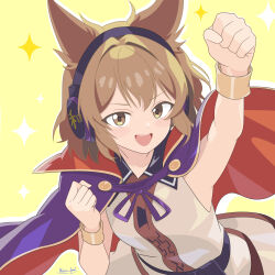  1girl :d absurdres arm_up artist_name belt black_belt bracelet breasts brown_eyes brown_hair cape clenched_hands collared_shirt commentary_request dot_nose earmuffs gold_bracelet hair_intakes hands_up highres jewelry light_blush looking_at_viewer medium_hair naomi-chan open_mouth outline pointy_hair purple_cape purple_ribbon red_cape ribbon shirt sidelocks simple_background sleeveless sleeveless_shirt small_breasts smile solo sparkle teeth touhou toyosatomimi_no_miko two-sided_cape two-sided_fabric upper_teeth_only white_outline white_shirt yellow_background 
